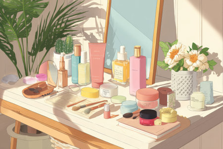 Sunlight warms a makeup table brimming with skincare, brushes, and decor, setting an inviting mood for daily routines.の素材