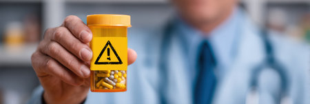 A doctor is holding a pill container with a danger sign while discussing the importance of medication safety in a medical office environment.の素材