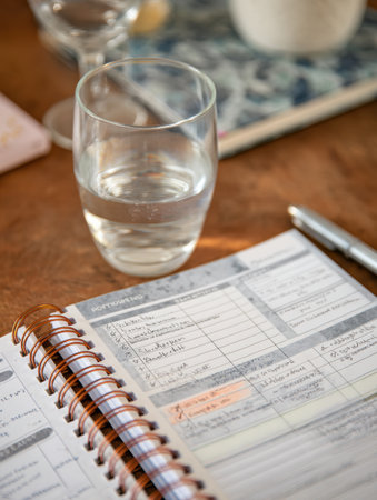 A journal page features a hydration checklist and kidney health notes besides a glass of water and writing tools, highlighting health awareness.の素材