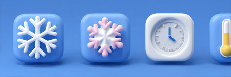 This collection showcases unique 3D freezer icons including snowflakes, a timer, and a thermometer against a bright, clean background ideal for user interfaces.の素材
