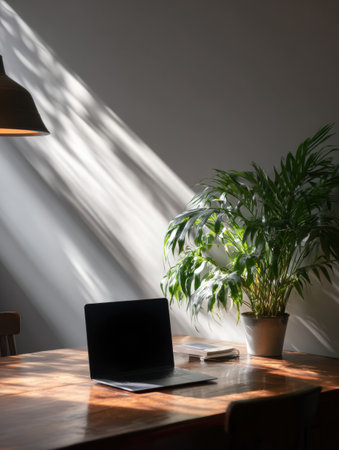 Bright and inviting workspace with a laptop and plant on a clean desk. Natural light streams in, creating a serene atmosphere for productivity.の素材