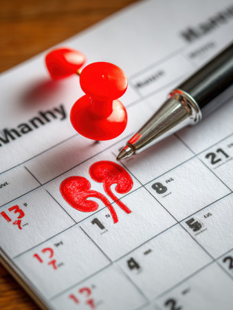 A calendar page shows March marked as Kidney Month. A red marker accentuates the kidneys symbol, promoting awareness and care for renal health.の素材