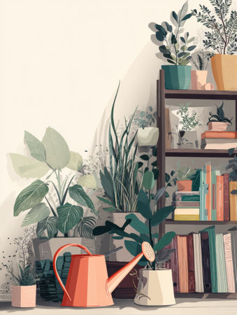Energizing indoor plant corner features a variety of greenery alongside stacked books and a watering can, adding life to the living area.の素材