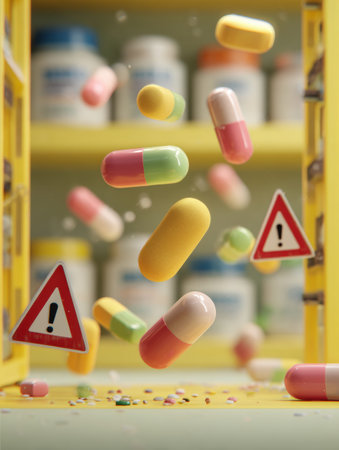 Pills in various colors cascade from a shelf with warning signs, illustrating the dangers of disarray in a medication storage area, where safety is critical.の素材