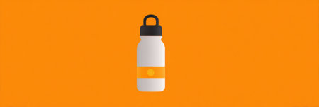 Animated bottle with cap lock icon stands out against a vivid orange background, offering playful and informative visuals for branding and marketing purposes.の素材
