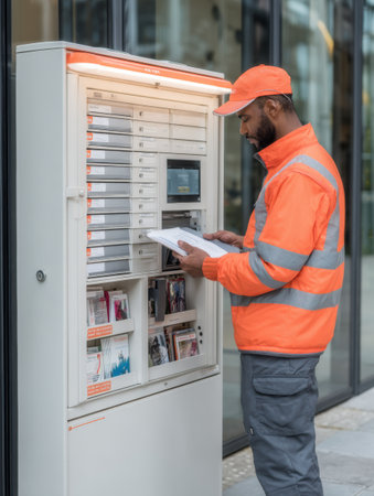 Courier in bright orange uniform efficiently loads various orders into a smart locker station, ensuring quick delivery service in the urban area.の素材