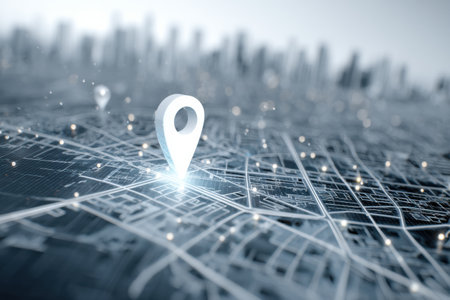 Pulsing delivery icon moves along a detailed digital map of a city grid at dusk, showing the fast-paced logistics and navigation in urban environments.の素材