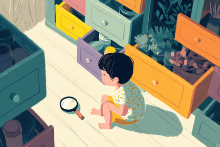 A curious toddler sits on the floor, inspecting unlocked drawers filled with various items in a vibrant kitchen while playing with a small pan.の素材