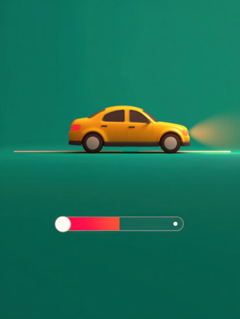 Animated illustration of a delivery progress bar featuring a yellow car moving to the right with a bright light, indicating advancement and status update.の素材