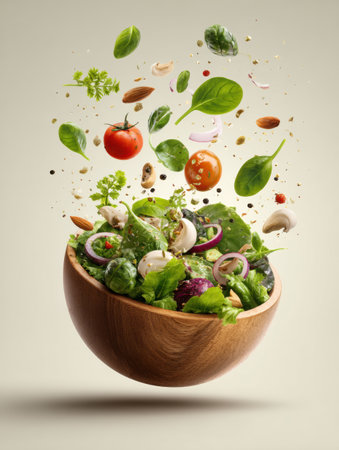 Healthy food ingredients like greens, tomatoes, and nuts hover above a wooden salad bowl, presenting a colorful and nutritious meal perfect for any time of day.の素材