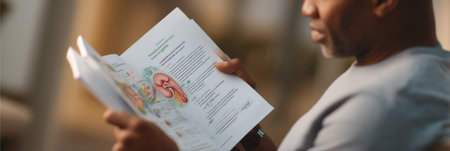 Patient focuses on an educational brochure about kidney health while sitting in a quiet indoor area with soft lighting and comfortable surroundings.の素材