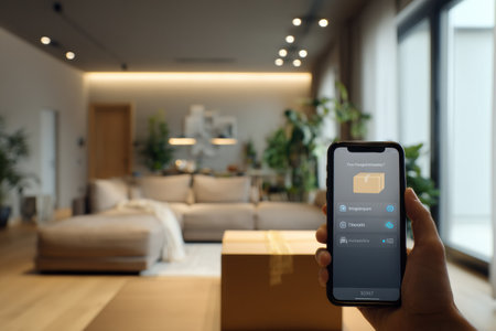 Alert screen displays information on an incoming package while a person holds a smartphone in a stylish, well-lit living room with plants and furniture.の素材