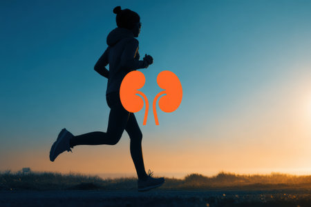 Jogging activity in a peaceful outdoor environment at sunset, highlighting an awareness for kidney health through an icon overlay.の素材