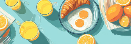 Bright breakfast table laid out with two sunny-side-up eggs, a golden croissant, and refreshing orange juice, perfect for a morning meal.の素材