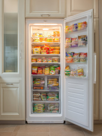A well-organized freezer in a cozy kitchen showcases an array of colorful frozen snacks, illuminated by soft upper lighting, inviting tasty meal options.の素材