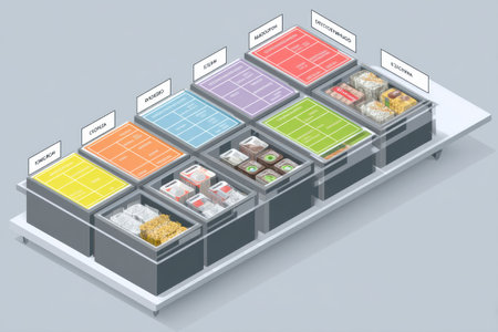 Isometric infographic illustrates various frozen food categories, arranged in labeled bins to provide clear visibility and organization for users.の素材