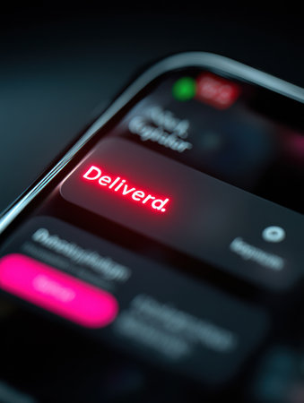 A phone screen is illuminated with a bright Deliverd notification, set against a dark backdrop, indicating message delivery and engagement.の素材