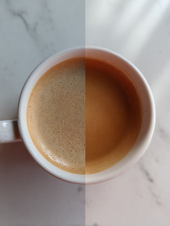 Visual guide illustrating caffeines impact on focus, contrasting two coffee halves with varying intensity to show before and after effects.の素材