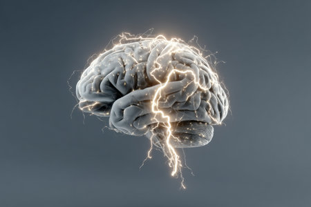 An animated brain exhibits electric bolts initially, smoothly transitioning to serenity, symbolizing the journey of creative thoughts and clarity.の素材