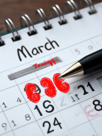 March is marked prominently on a calendar, highlighting Kidney Month with a red marker. The focus is on promoting kidney health awareness.の素材