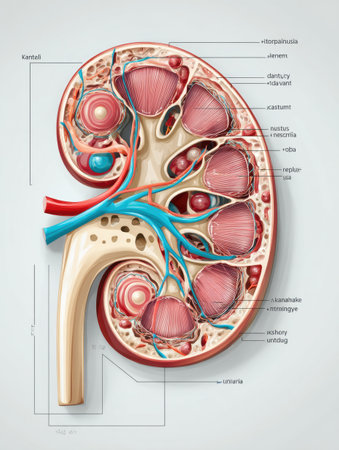 This diagram showcases a cross-section of a kidney with labeled anatomical structures and a minimal upper portion for clarity, ideal for study.の素材