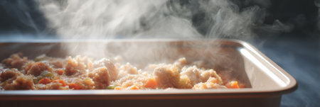 Steaming food fills the air with warmth as a frozen dinner heats up in a metal tray on the kitchen counter, evoking a sense of comfort and convenience.の素材