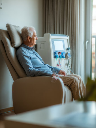 An elderly patient sits in a comfortable chair at home, undergoing dialysis treatment with the machine nearby, enjoying a serene atmosphere.の素材