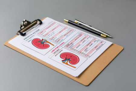 A clipboard displays a kidney function checklist and labeled diagram, providing essential health information in a professional and organized manner.の素材