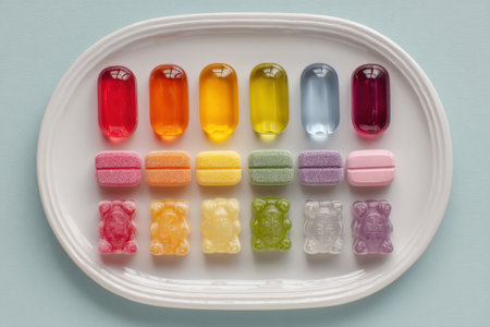 Colorful pills and syrups arranged in a neat pattern with lookalike candies, highlighting the contrast between medicine and sweets on a clean background.の素材