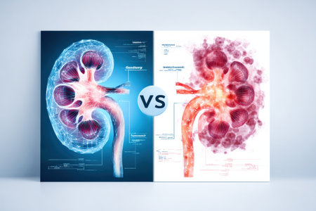 This chart illustrates the contrasting features of a healthy kidney and a damaged kidney, highlighting structural changes and their implications for function.の素材