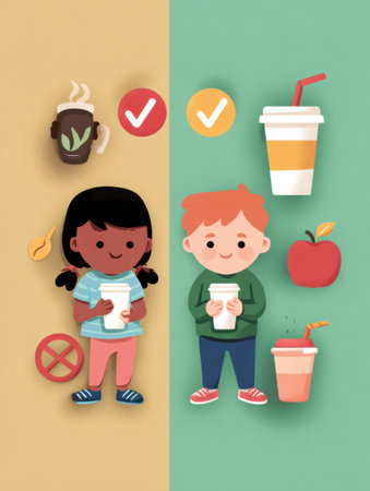 Children are depicted considering caffeine risks and making healthy drink choices in a colorful graphic designed for educational purposes.の素材