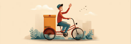 A delivery courier rides a cargo bike with a large box, waving happily while navigating through a bustling cityscape in pleasant weather.の素材