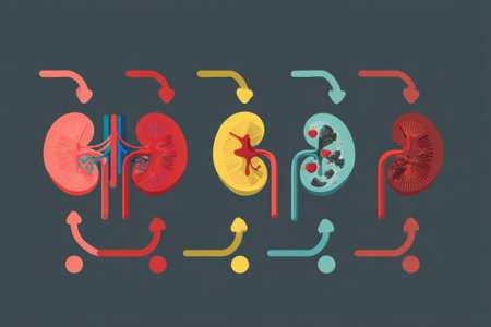 This infographic illustrates the stages of chronic kidney disease using a clear flat design. It effectively depicts the progression and corresponding symptoms.の素材