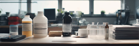 Chemical supplies are neatly arranged on a workspace in an office, illuminated by natural light from the right side, showcasing labels and organization.の素材