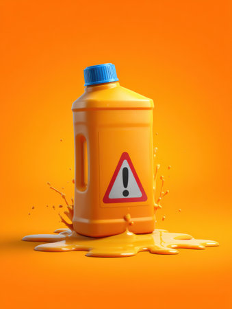 Bright orange background highlights a bleach bottle with a spill and visible warning light, emphasizing caution and the importance of safety around chemicals.の素材