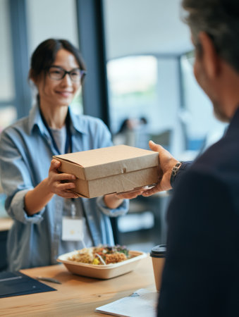 Courier hands over a reusable meal container to an office worker in an inviting work environment during the lunch period, highlighting sustainable dining.の素材