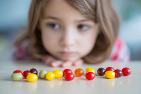 Child shows curiosity while observing a line of colorful vitamins placed on the edge of a table in a bright indoor space.の素材