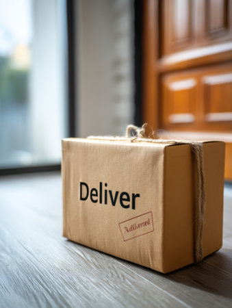 A package with a Delivered stamp is carefully placed at the front door, showing the home delivery experience in a bright, welcoming environment.の素材