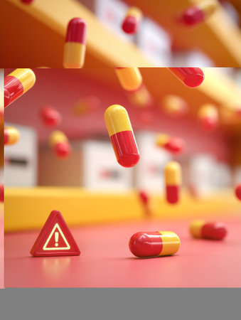 Colorful animated pills cascade from an open shelf as caution signs alert to potential hazards in a lively pharmacy environment.の素材