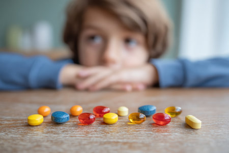 A child sits at the edge of a table, staring intently at an assortment of colorful vitamins, showing a moment filled with curiosity and discovery.の素材
