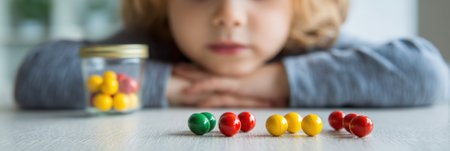 A young child touches colorful vitamins laid out on a table, showing curiosity and engagement with vibrant shapes and colors in a soft, blurred environmentの素材