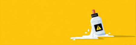 A bleach bottle is depicted spilling its contents, accompanied by a warning light, set against a vivid yellow background, conveying a cautionary message.の素材