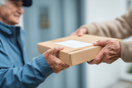 An elderly person is smiling while accepting a medication package from a courier in a tidy environment. The interaction highlights community support and care.の素材