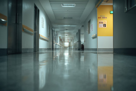Hospital hallway features clean floors and a nephrology sign visible on the right, indicating a specialized area for kidney-related medical care and services.の素材