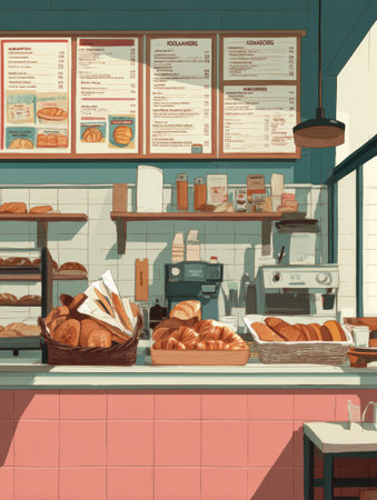 Bakery counter offers an array of fresh bread and croissants, complemented by a menu board displaying delicious options in a charming atmosphere.の素材