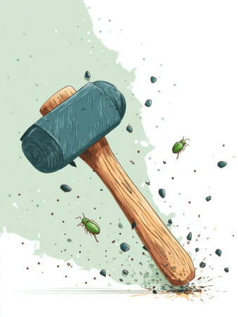 A colorful illustration displays a hammer swinging down, missing its target bug, with debris flying around. The background fades softly, enhancing the action.の素材