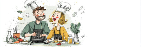 A couple joyfully cooks together in their bright kitchen, using fresh ingredients and sharing laughter and love.の素材