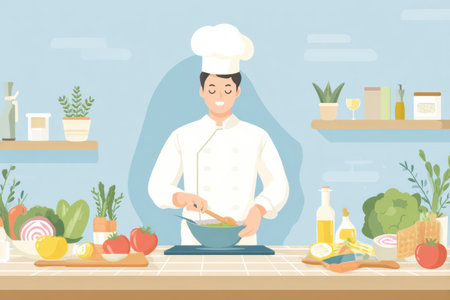 A chef is actively cooking in a well-organized kitchen, surrounded by fresh vegetables and cooking tools, creating a vibrant culinary experience.の素材