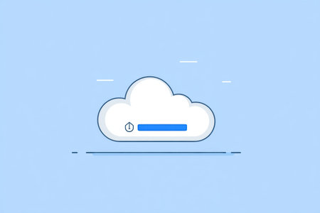 Cloud illustration shows an upload progress bar that is not moving, situated against a light blue background with a clean and simple aesthetic.の素材