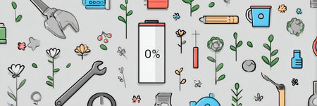 An illustration features a zero-charge battery icon with tools and flowers, symbolizing the balance of energy and upkeep.の素材